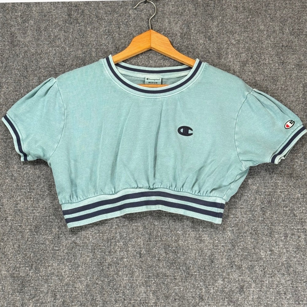 Champion Women's Medium Teal Cropped Fleece Sweatshirt Short Sleeve Logo